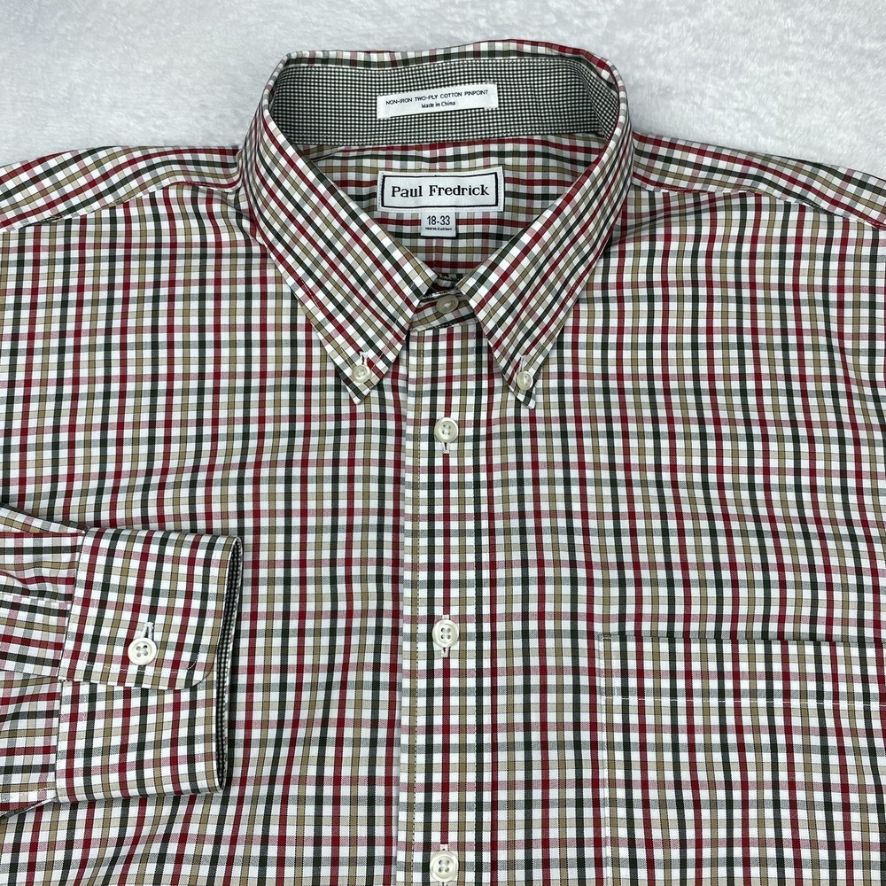 Paul Fredrick Mens Dress Shirt 18-33 Multicolor Check Non Iron Contrasting Trim